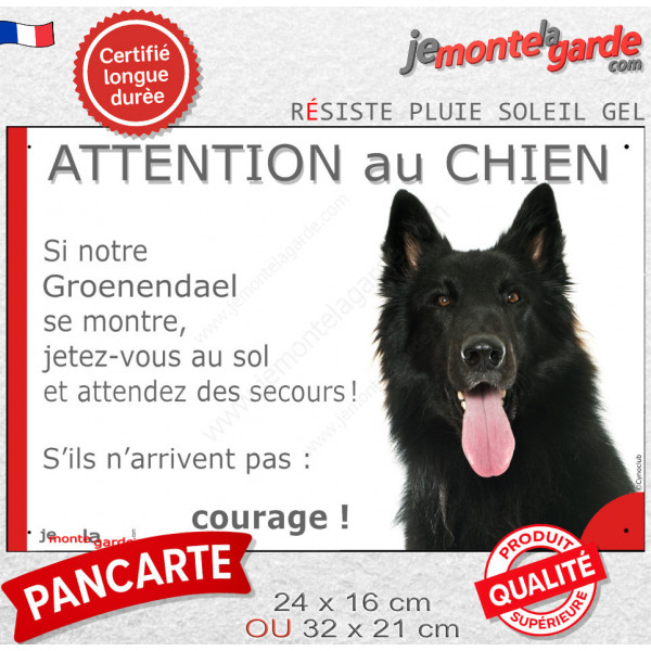 Berger Belge Groenendael noir, plaque portail humour "Attention au Chien, Jetez Vous au Sol, courage" photo résiste intempéries