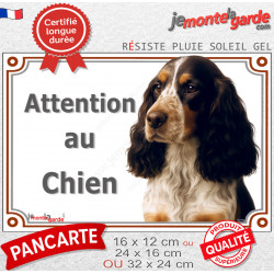 Cocker Anglais tricolore noir, blanc et feu, plaque extérieure portail "Attention au Chien" photo résiste intempéries