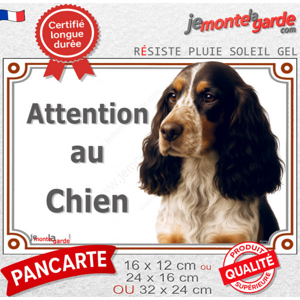 Cocker Anglais tricolore noir, blanc et feu, plaque extérieure portail "Attention au Chien" photo résiste intempéries