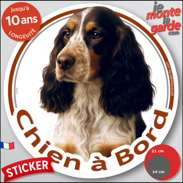 Cocker Anglais tricolore noir, blanc et feu, disque photo autocollant "Chien à Bord" Sticker adhésif rond vitre voiture résiste 