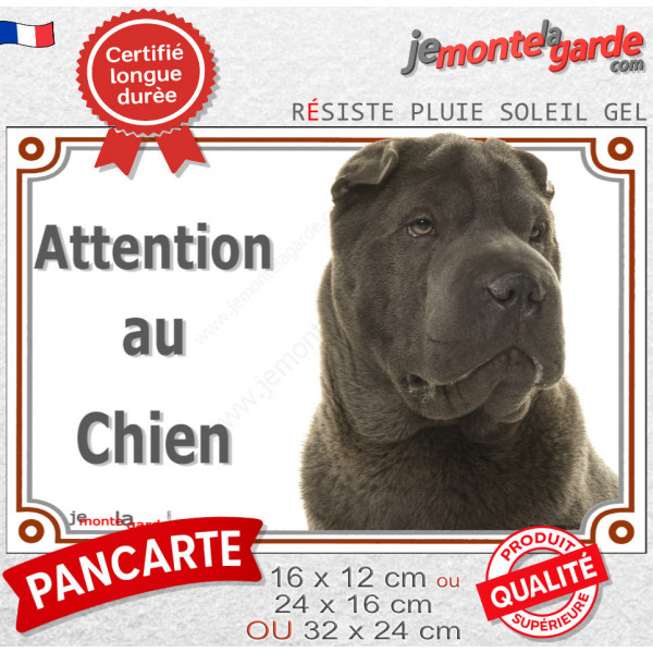 Shar-Peï marron chocolat, plaque portail "Attention au Chien" pancarte panneau photo Sharpei brun