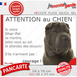 Shar-Peï lilas chocolat dilué, plaque humour "Attention au Chien, Jetez Vous au Sol, courage" photo résiste intempéries