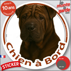 Shar-Peï marron chocolat, disque photo autocollant "Chien à Bord" Sticker adhésif rond vitre voiture résiste intempéries