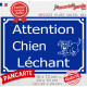 Pancarte portail extérieur drôle bleue "Attention, chien Léchant" horizontale résiste intempéries plaque rue