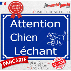 Pancarte portail extérieur drôle bleue "Attention, chien Léchant" horizontale résiste intempéries plaque rue