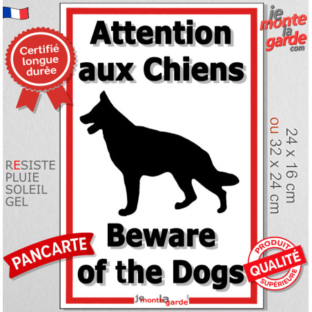Plaque Portail Verticale "Attention aux Chiens" Bilingue Liseré Rouge 2 tailles D