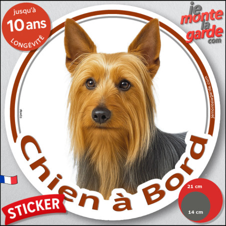 Silky Terrier Australien, disque photo autocollant "Chien à Bord" Sticker adhésif rond vitre voiture résiste intempéries