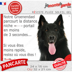 Berger Belge Groenendael noir, Plaque Portail humoristique "parcourt distance niche-portail 3 secondes" photo résiste intempérie