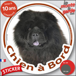 Chow-Chow noir, sticker autocollant rond "Chien à Bord" Disque adhésif photo vitre voiture résiste intempéries