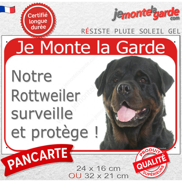 Rottweiler sombre, Plaque Portail rouge extérieure "Je Monte la Garde, surveille protège" photo Rott résiste intempéries
