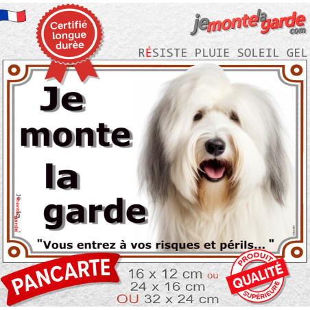 Bobtail, plaque portail "Je Monte la Garde, vous entrez à vos risques et périls" photo chien, résiste pluie soleil gel, idée cad