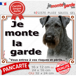 Terrier Kerry Blue Tête, plaque portail "Je Monte la Garde, entrez à vos risques périls" photo résiste intempéries