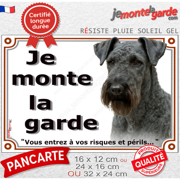 Terrier Kerry Blue Tête, plaque portail "Je Monte la Garde, entrez à vos risques périls" photo résiste intempéries