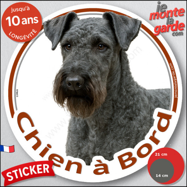 Terrier Kerry Blue, disque photo autocollant "Chien à Bord" Sticker adhésif rond vitre voiture résiste intempéries