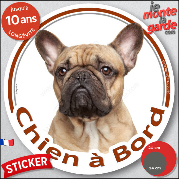 Bouledogue Français Fauve, sticker autocollant rond "Chien à Bord" Disque adhésif photo Bulldog beige sable