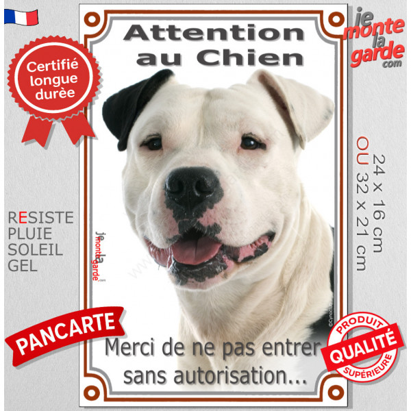 Amstaff blanc et noir tête, plaque portail verticale "Attention au Chien, pas sans autorisation" american Staff