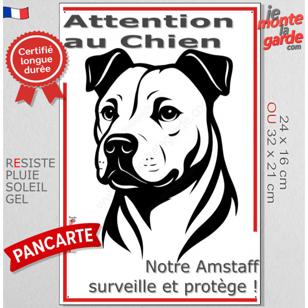 Plaque portail verticale "Attention au Chien, notre Amstaff surveille et protège" dessin noir et blanc, résiste intempéries