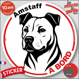 Disque autocollant "Amstaff à Bord" en noir et blanc. Sticker adhésif rond vitre voiture résiste intempéries