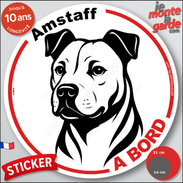 Disque autocollant "Amstaff à Bord" en noir et blanc. Sticker adhésif rond vitre voiture résiste intempéries