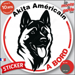 Disque autocollant "Akita Américain à Bord" en noir et blanc. Sticker adhésif rond vitre voiture résiste intempéries