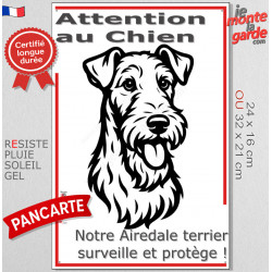 Plaque portail verticale "Attention au Chien, notre Airedale Terrier surveille et protège" dessin stylisé noir et blanc, résiste