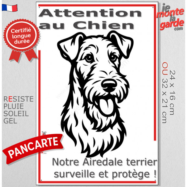 Plaque portail verticale "Attention au Chien, notre Airedale Terrier surveille et protège" dessin stylisé noir et blanc, résiste