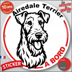Disque autocollant "Airedale Terrier à Bord" en noir et blanc. Sticker adhésif rond vitre voiture résiste intempéries