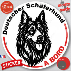 Disque autocollant "Deutscher Schäferhund à Bord" en noir et blanc. Sticker adhésif rond vitre voiture résiste intempéries