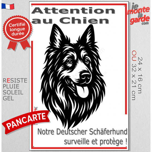 Plaque portail verticale "Attention au Chien, notre Deutscher Schäferhund surveille et protège" dessin stylisé noir et blanc