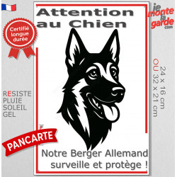Plaque portail verticale "Attention au Chien, notre Berger Allemand à poils courts surveille et protège" dessin stylisé noir 