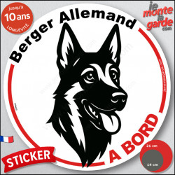 Disque autocollant "Berger Allemand à Bord" en noir et blanc. Sticker adhésif rond vitre voiture résiste intempéries