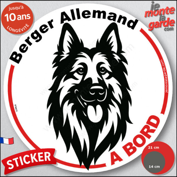 Disque autocollant "Berger Allemand à poils longs à Bord" en noir et blanc. Sticker adhésif rond vitre voiture résiste intempéri