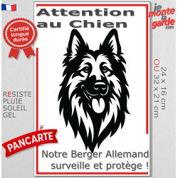 Plaque portail verticale "Attention au Chien, notre Berger Allemand à poils longs surveille et protège" dessin stylisé noir