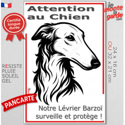 Plaque portail verticale "Attention au Chien, notre Lévrier Barzoï surveille et protège" dessin stylisé noir et blanc, résiste