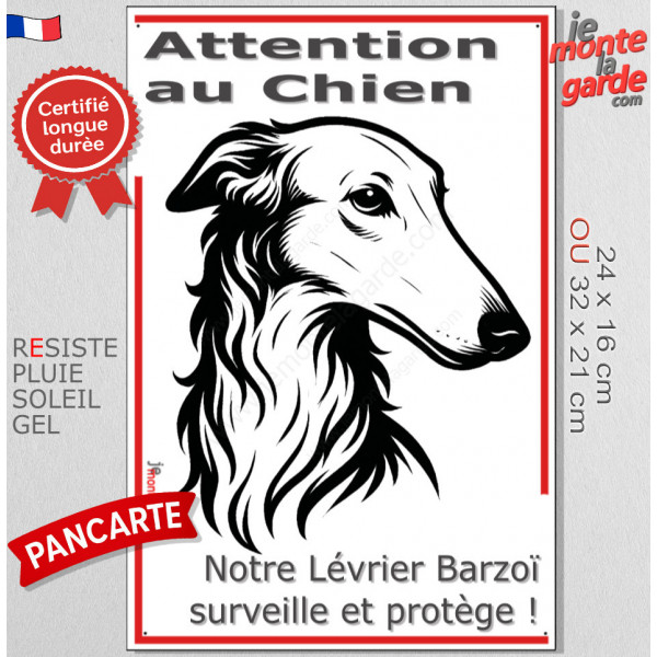 Plaque portail verticale "Attention au Chien, notre Lévrier Barzoï surveille et protège" dessin stylisé noir et blanc, résiste