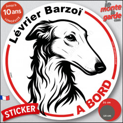 Disque autocollant "Lévrier Barzoï à Bord" en noir et blanc. Sticker adhésif rond vitre voiture résiste intempéries