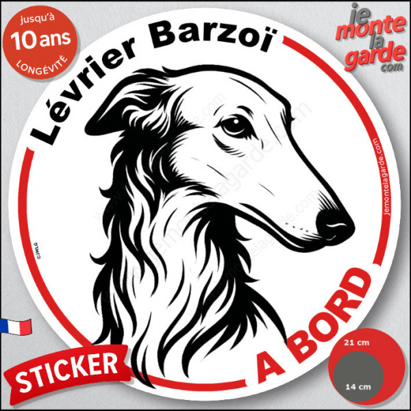 Disque autocollant "Lévrier Barzoï à Bord" en noir et blanc. Sticker adhésif rond vitre voiture résiste intempéries