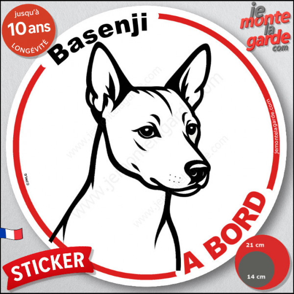 Disque autocollant "Basenji à Bord" en noir et blanc. Sticker adhésif rond vitre voiture résiste intempéries