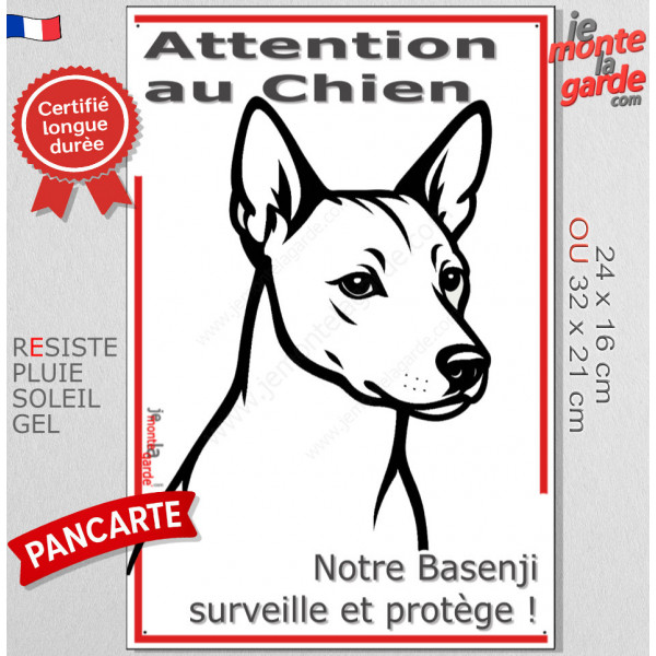 Plaque portail verticale "Attention au Chien, notre Basenji surveille et protège" dessin stylisé noir, résiste intempéries