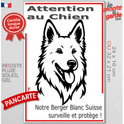 Plaque portail verticale "Attention au Chien, notre Berger Blanc Suisse surveille et protège" dessin stylisé noir et blanc