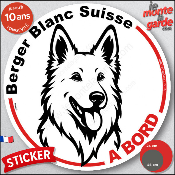 Disque autocollant "Berger Blanc Suisse à Bord" en noir et blanc. Sticker adhésif rond vitre voiture résiste intempéries