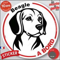 Disque autocollant "Beagle à Bord" en noir et blanc. Sticker adhésif rond vitre voiture résiste intempéries