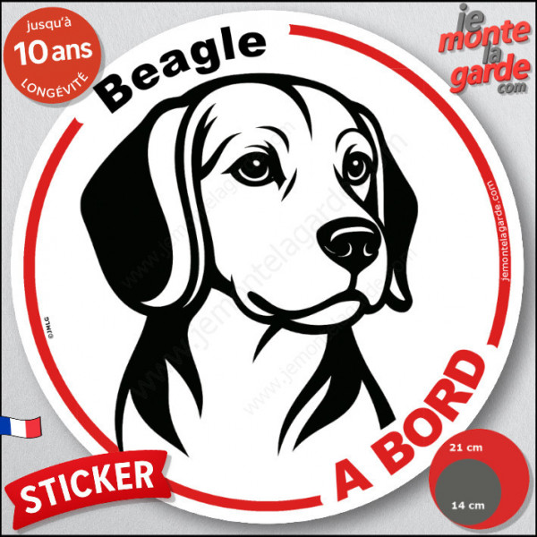 Disque autocollant "Beagle à Bord" en noir et blanc. Sticker adhésif rond vitre voiture résiste intempéries