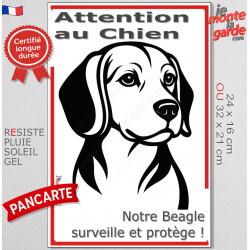 Plaque portail verticale "Attention au Chien, notre Beagle surveille et protège" dessin stylisé noir, résiste intempéries
