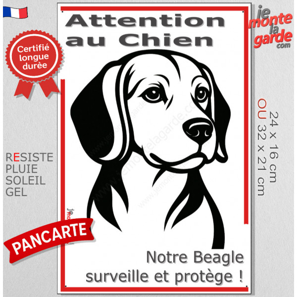 Plaque portail verticale "Attention au Chien, notre Beagle surveille et protège" dessin stylisé noir, résiste intempéries