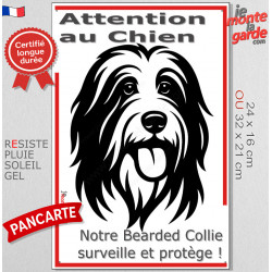 Plaque portail verticale "Attention au Chien, notre Bearded Collie surveille et protège" dessin stylisé noir et blanc, résiste