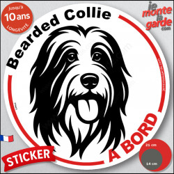 Disque autocollant "Bearded Collie à Bord" en noir et blanc. Sticker adhésif rond vitre voiture résiste intempéries