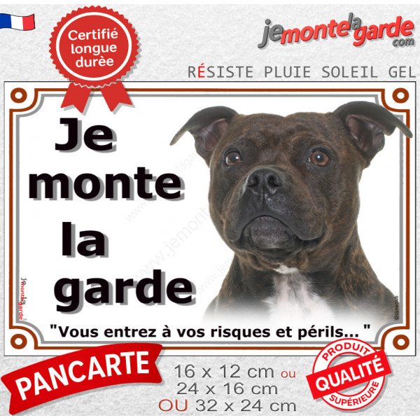 Staffie bringé, plaque portail extérieur "Je Monte la Garde, risques périls" photo staffy zébré résiste intempéries