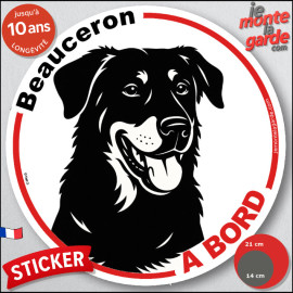 Disque autocollant "Beauceron à Bord" en noir et blanc. Sticker adhésif rond vitre voiture, résiste pluie soleil gel, idée cadea