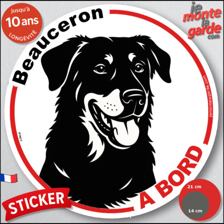 Disque autocollant "Beauceron à Bord" en noir et blanc. Sticker adhésif rond vitre voiture, résiste pluie soleil gel, idée cadea